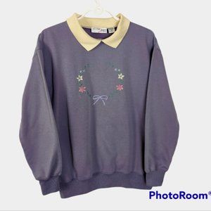 Vintage Purple Floral  Grandmacore Embroidered Collared Knit Sweater sz Medium